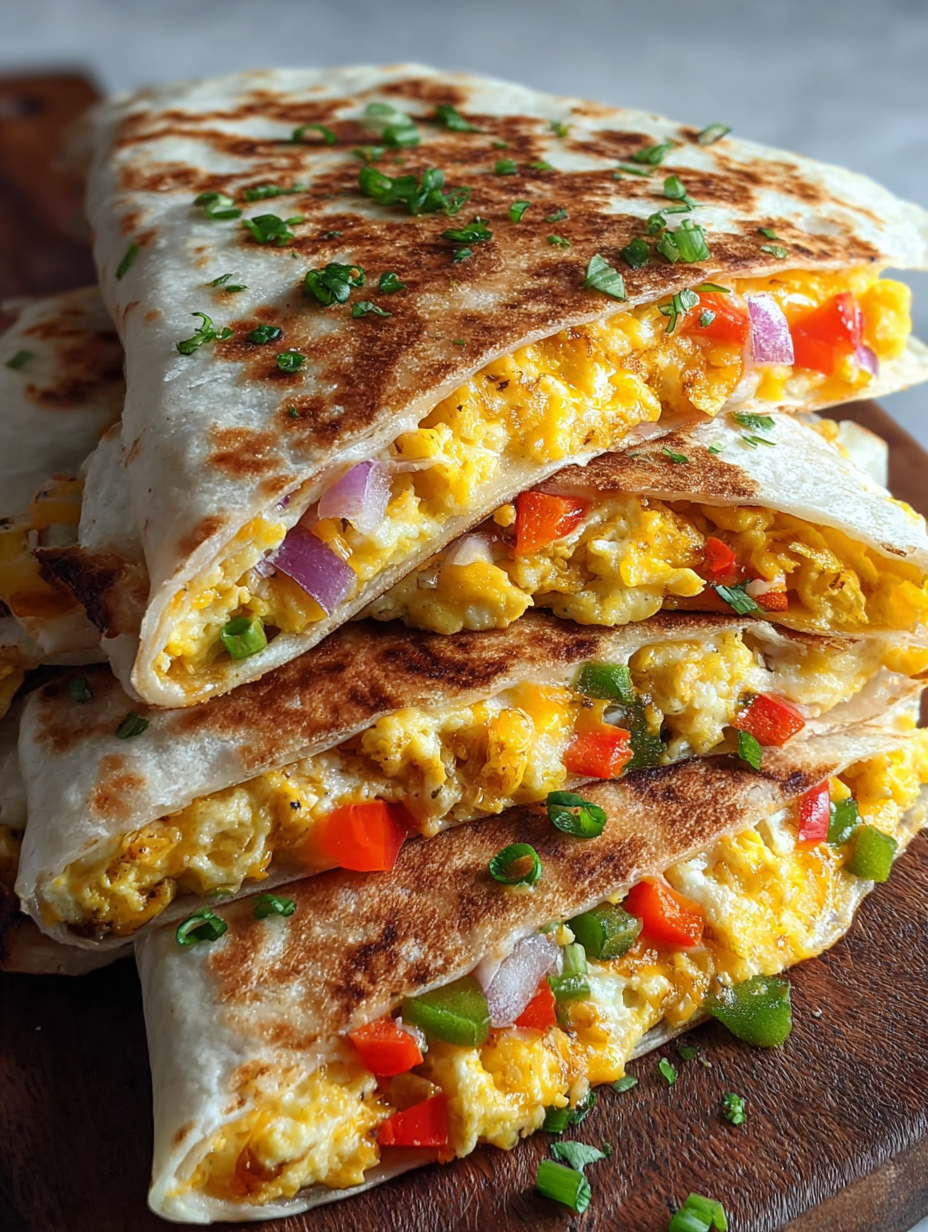 A stack of quesadillas with eggs and peppers.