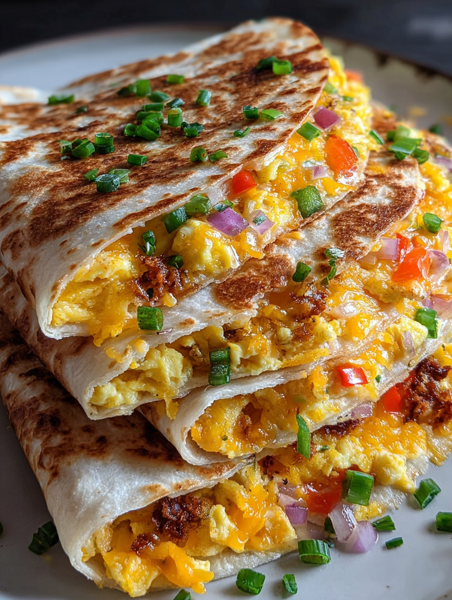 A stack of quesadillas with eggs and vegetables.