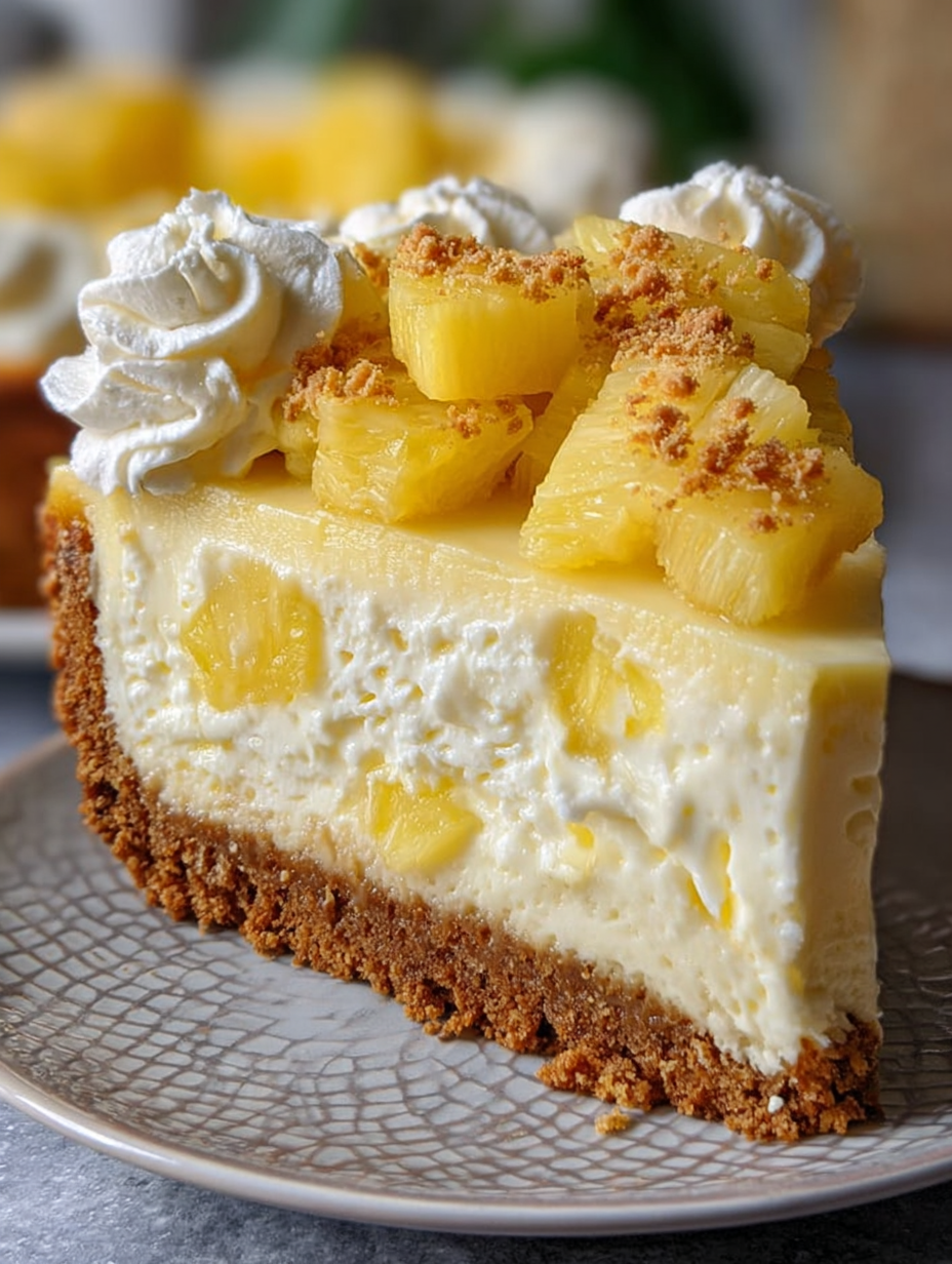A slice of pineapple cheesecake on a plate.