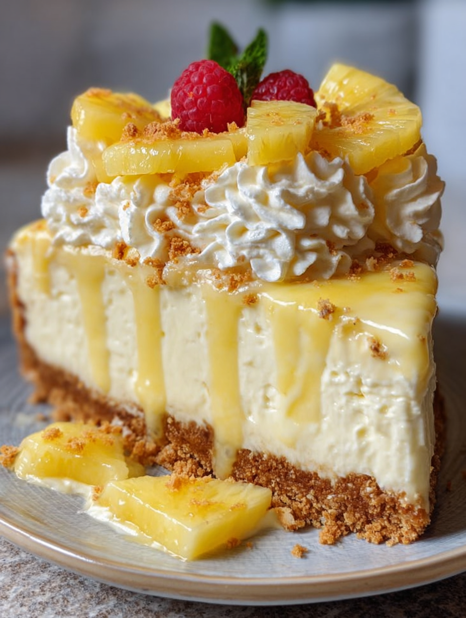 A slice of pineapple cheesecake with a raspberry on top.
