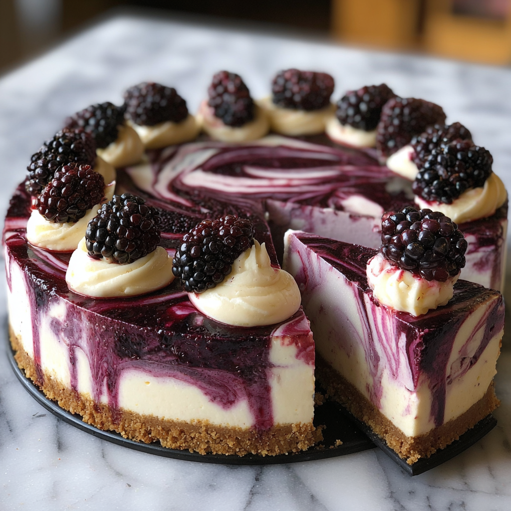 A slice of a no-bake marbled blackberry cheesecake.