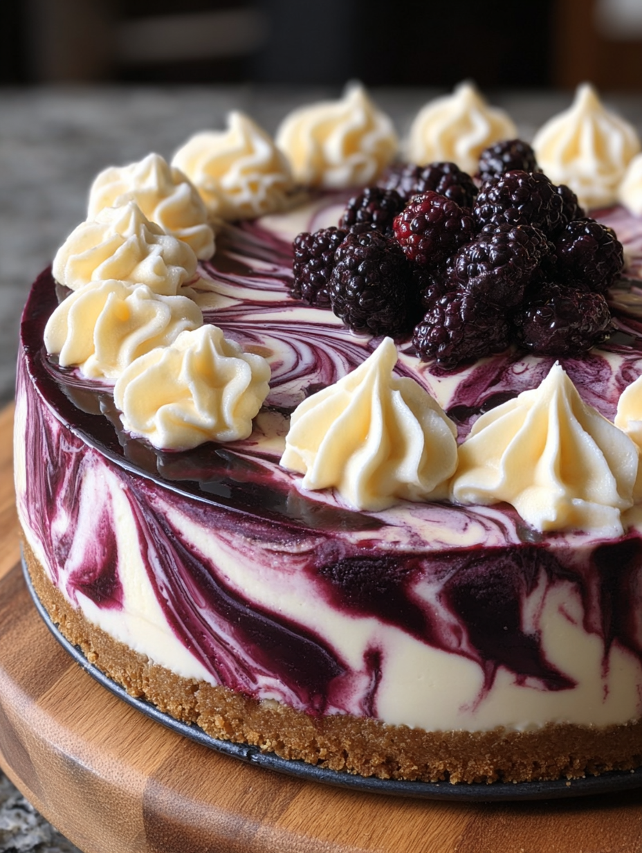 A slice of a no-bake marbled blackberry cheesecake.
