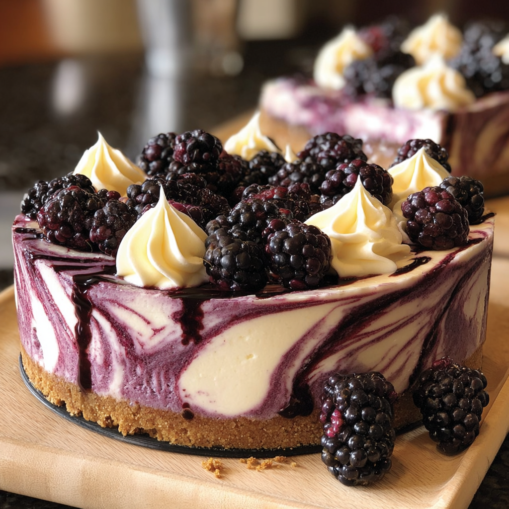 A slice of cheesecake with blackberries on top.