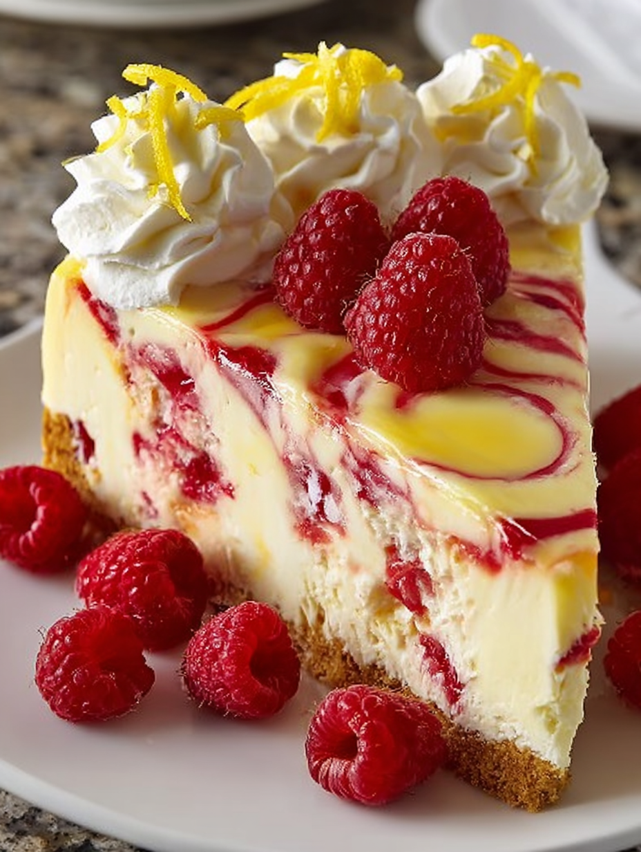 A slice of cheesecake with raspberries on top.