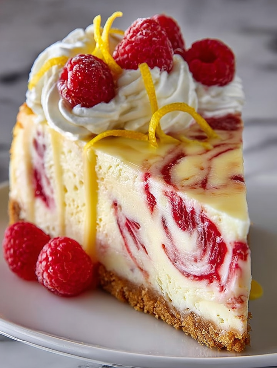 A slice of cheesecake with raspberries and lemon on top.