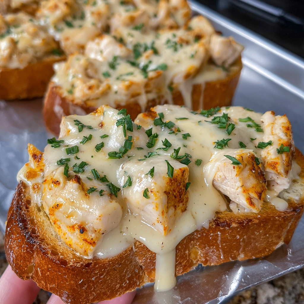 A piece of chicken alfredo garlic toast.