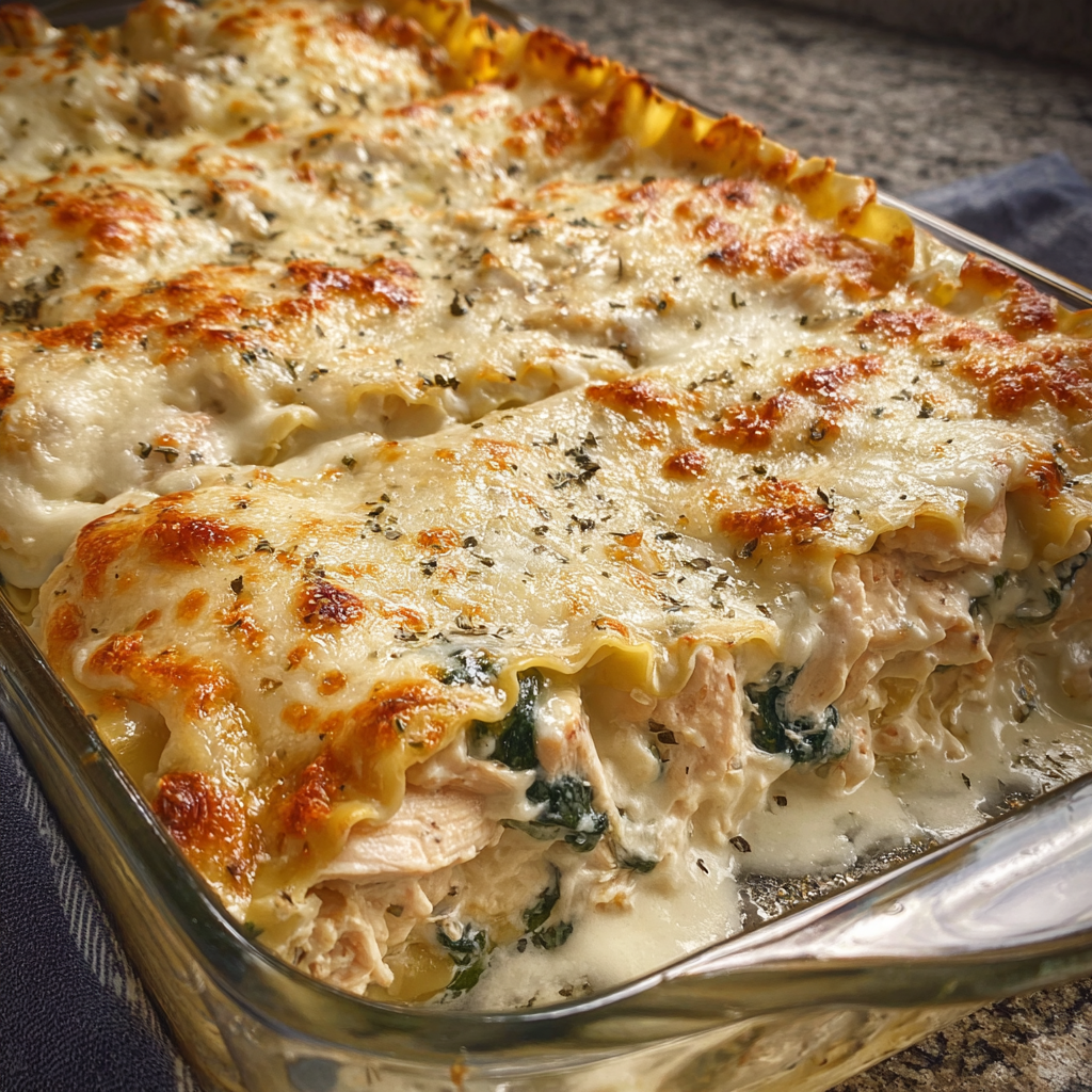 A pan of chicken Alfredo lasagna.