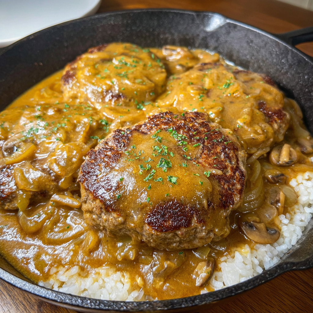 A homemade salisbury steak meal with mushrooms and onions.