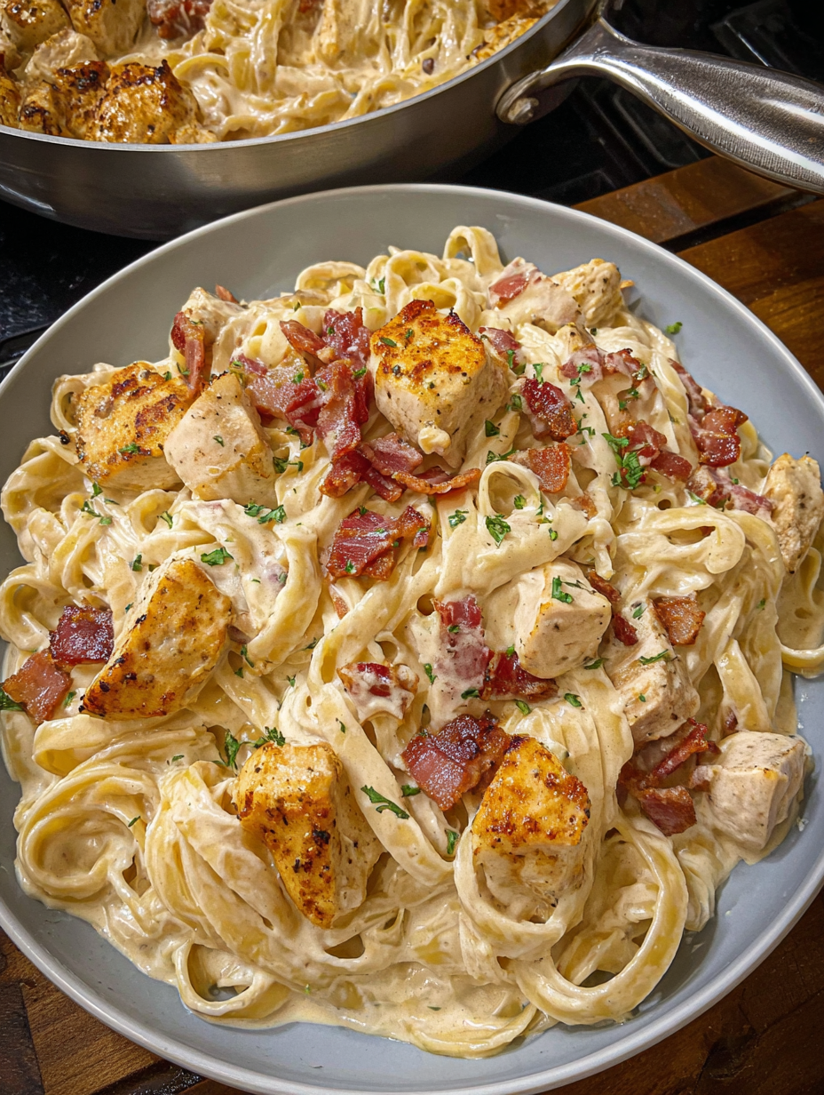 A bowl of creamy chicken bacon alfredo.