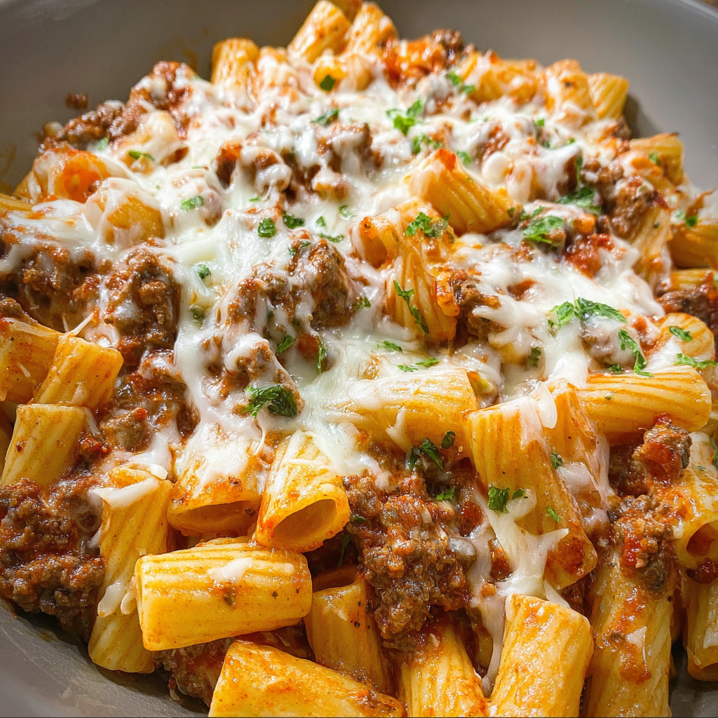 A bowl of cheesy beef rigatoni.