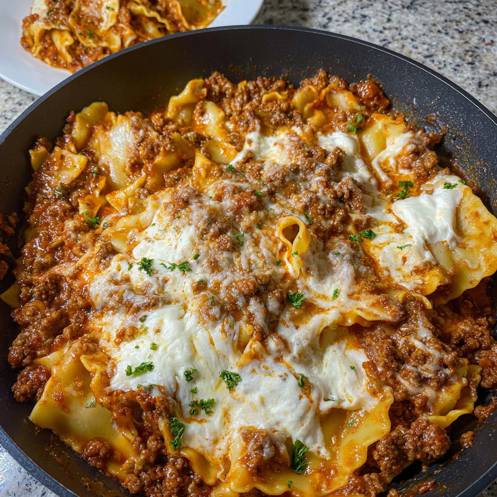 A skillet of lasagna with meat and cheese.