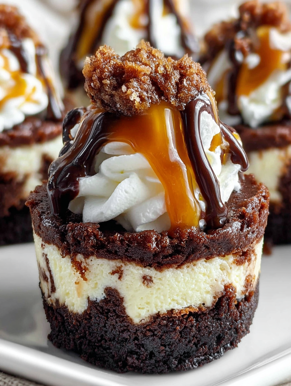 A loaded brownie cheesecake cup with caramel drizzle.