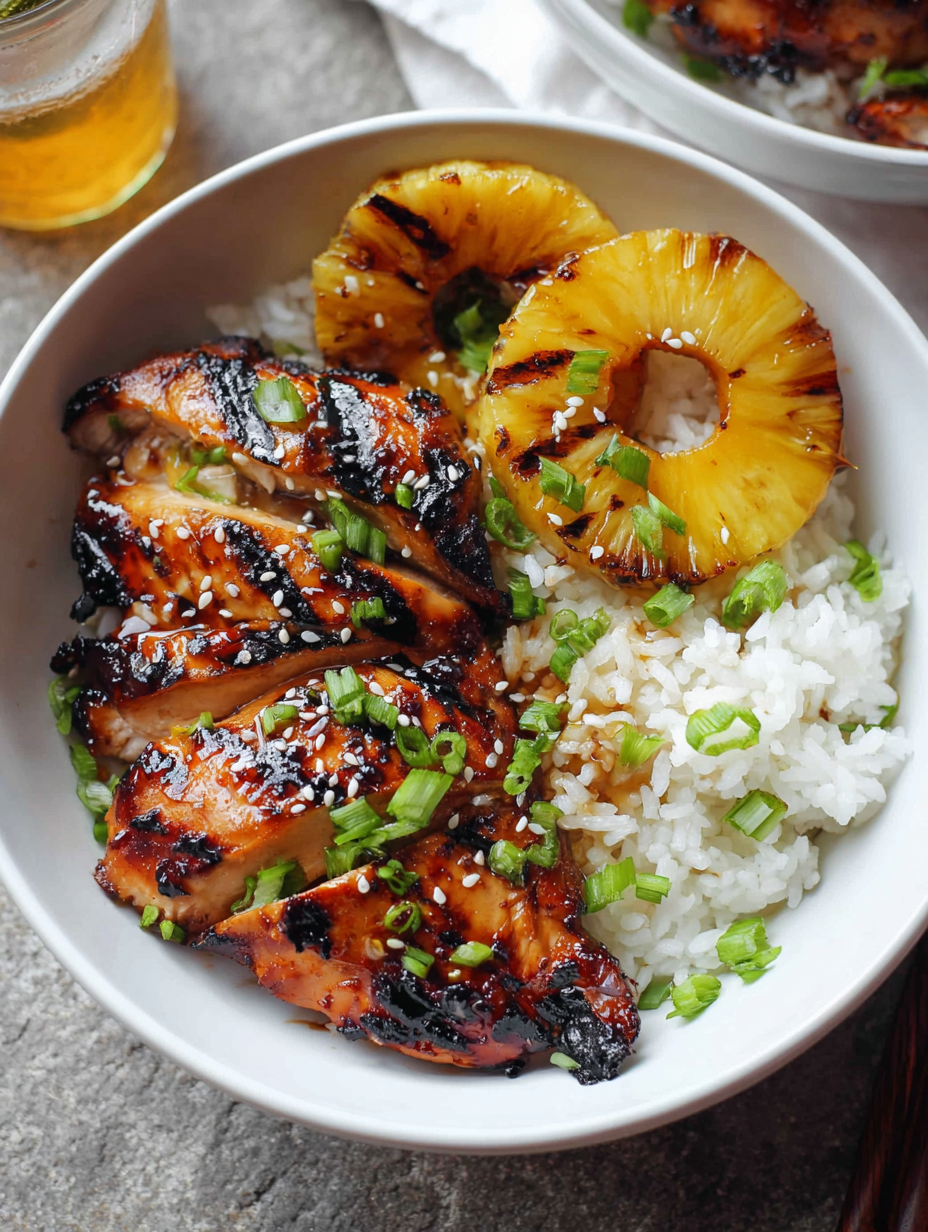 A bowl of food with grilled chicken, pineapple, and rice.