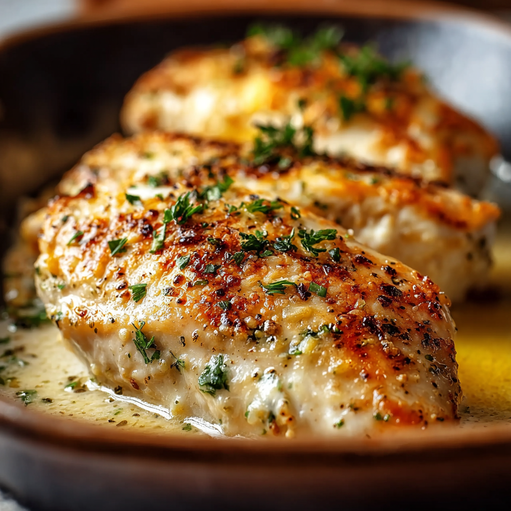 A plate of chicken breast with herbs on top.