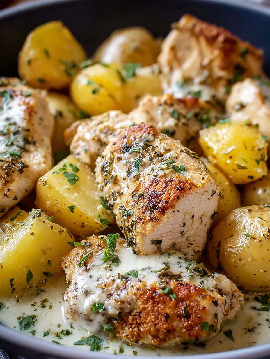 A close up of chicken and potatoes with garlic and Parmesan cheese.