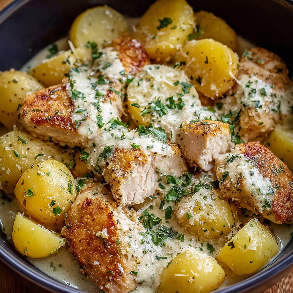 A bowl of chicken and potatoes with garlic and Parmesan cheese.