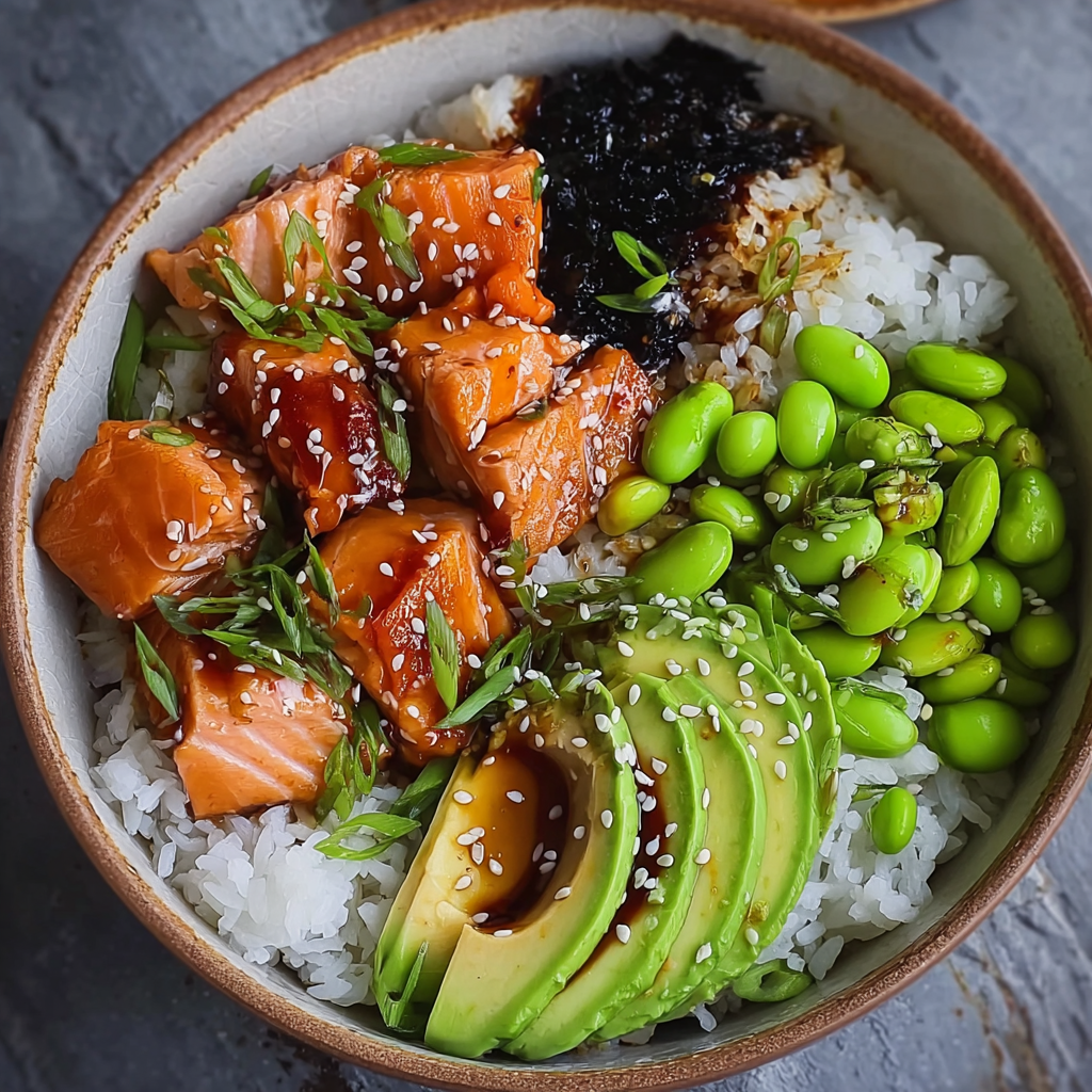 A bowl of sushi with salmon, rice, and avocado.