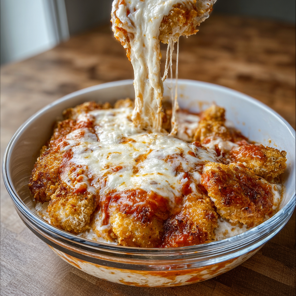 A bowl of chicken parmigiana with melted cheese.