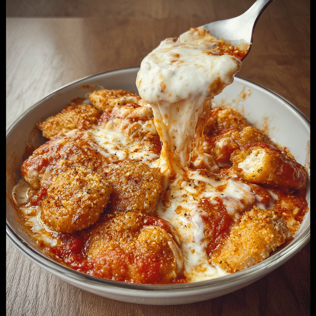 A bowl of chicken parmigiana with cheese and tomato sauce.