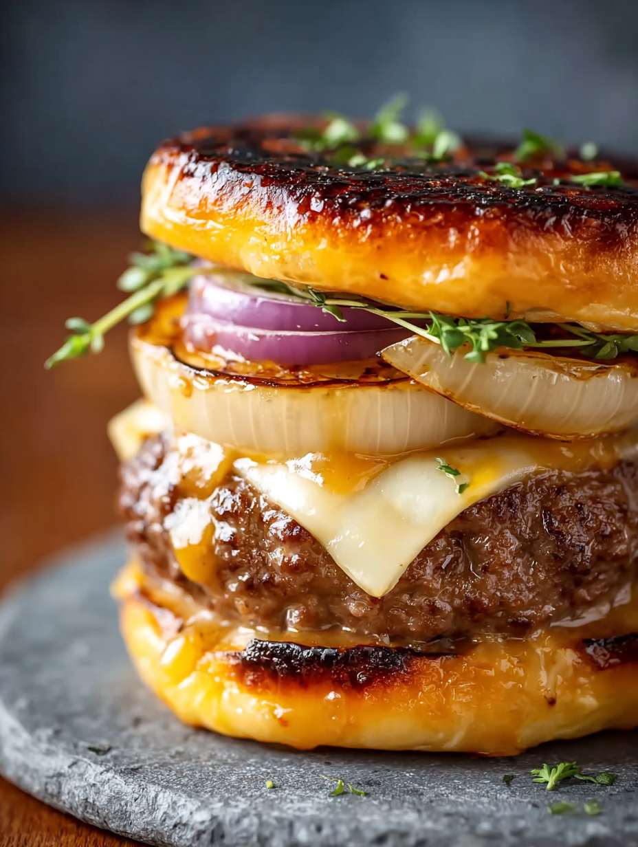 A burger with onions and cheese.