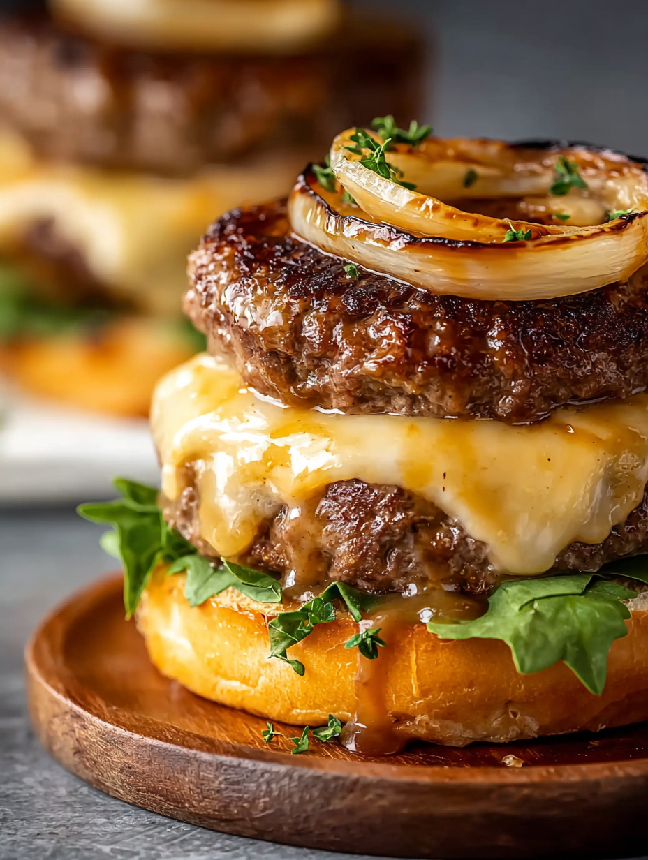 A burger with onions and cheese.