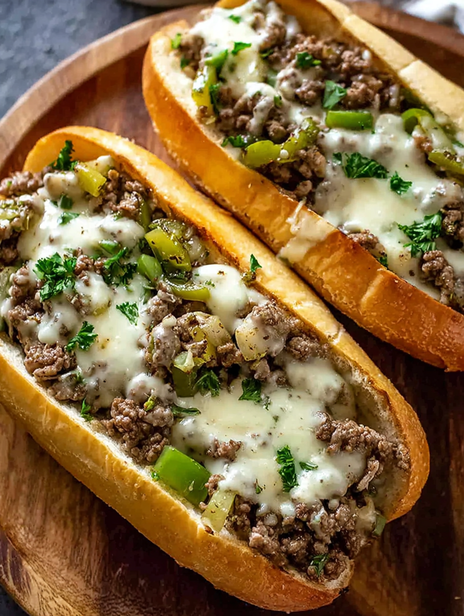 Two sandwiches with meat and cheese on a wooden table.
