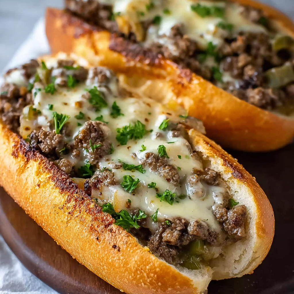 Two sandwiches with meat and cheese.