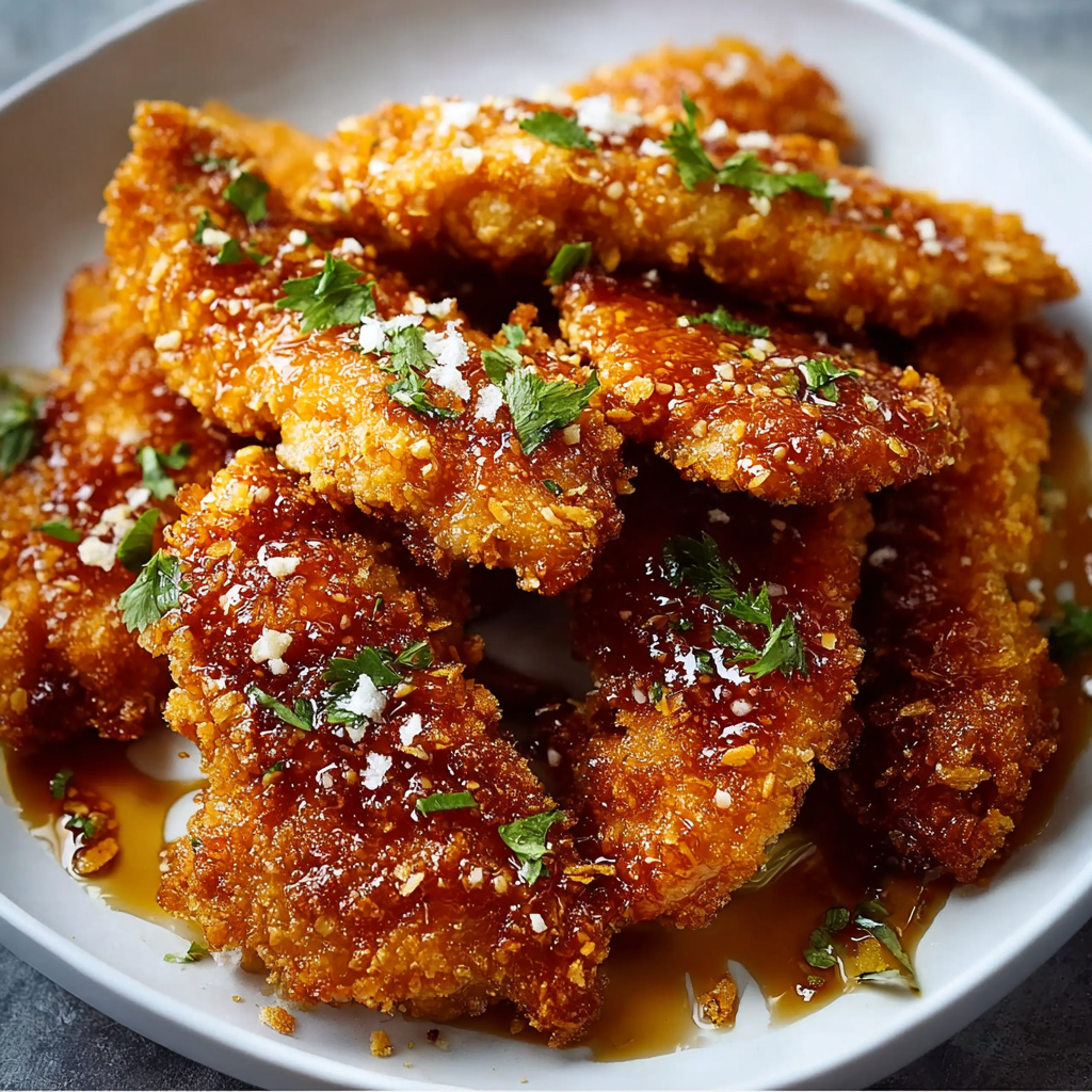 A plate of baked crunchy hot honey chicken.