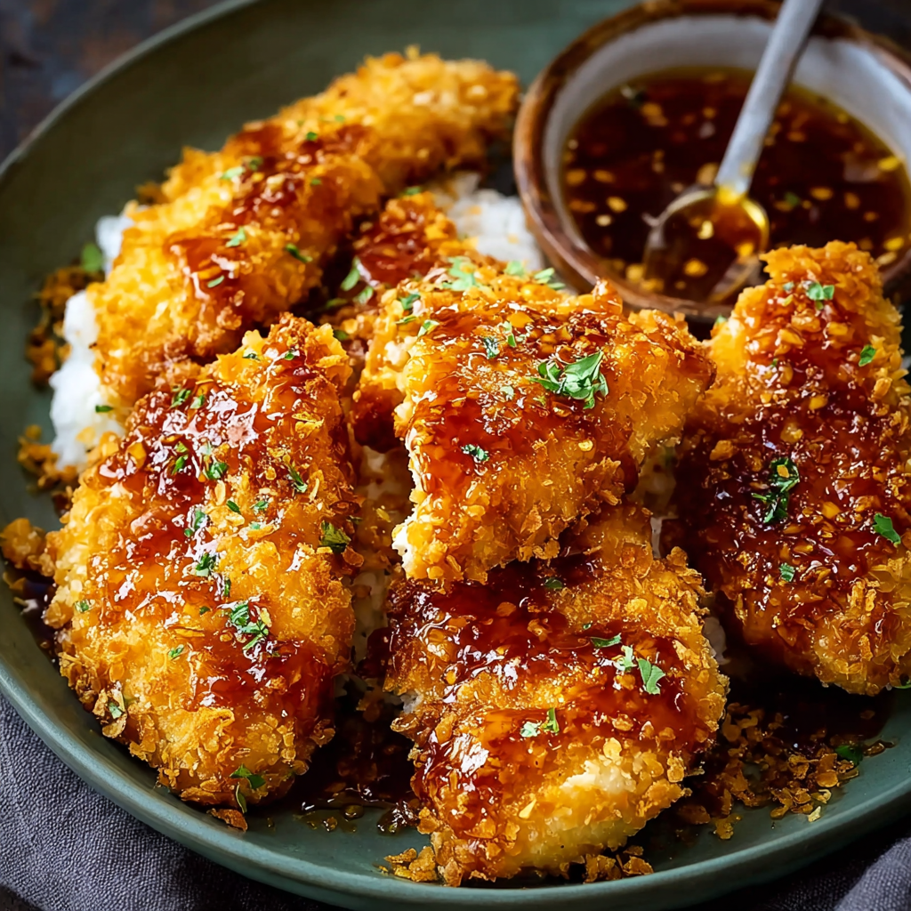A plate of baked crunchy hot honey chicken.