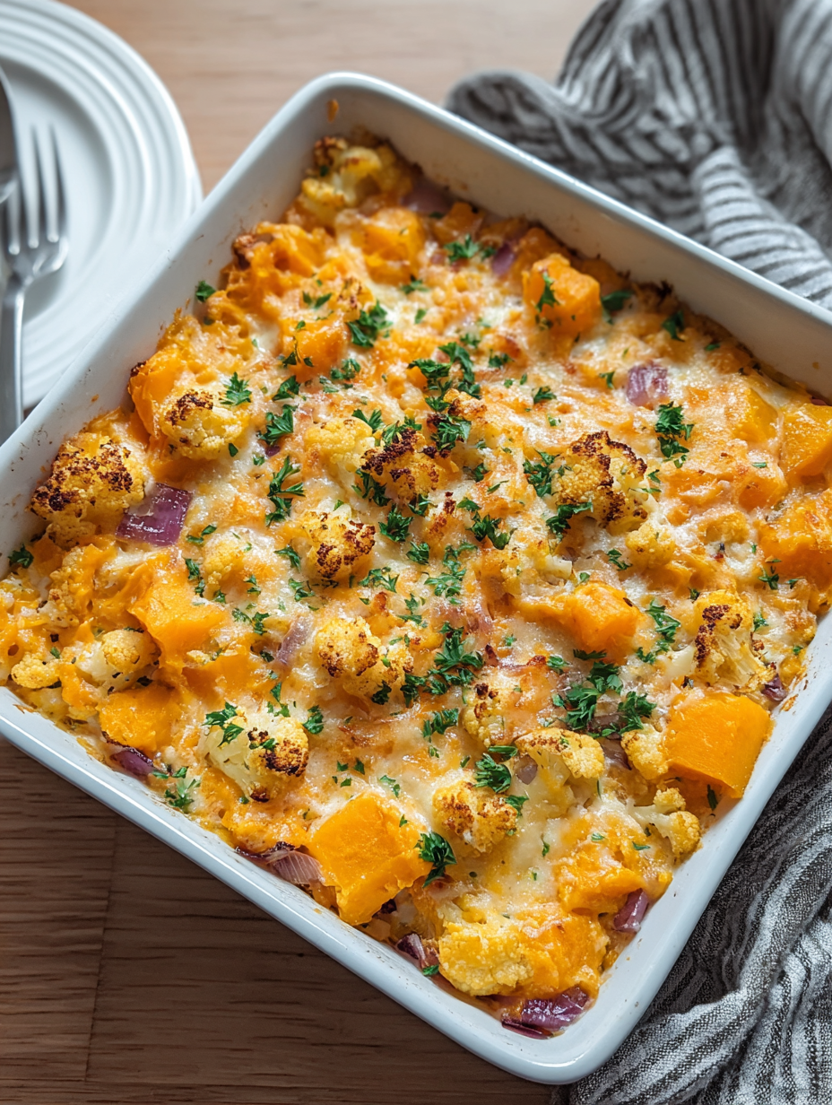 A white plate with a casserole dish of butternut squash.