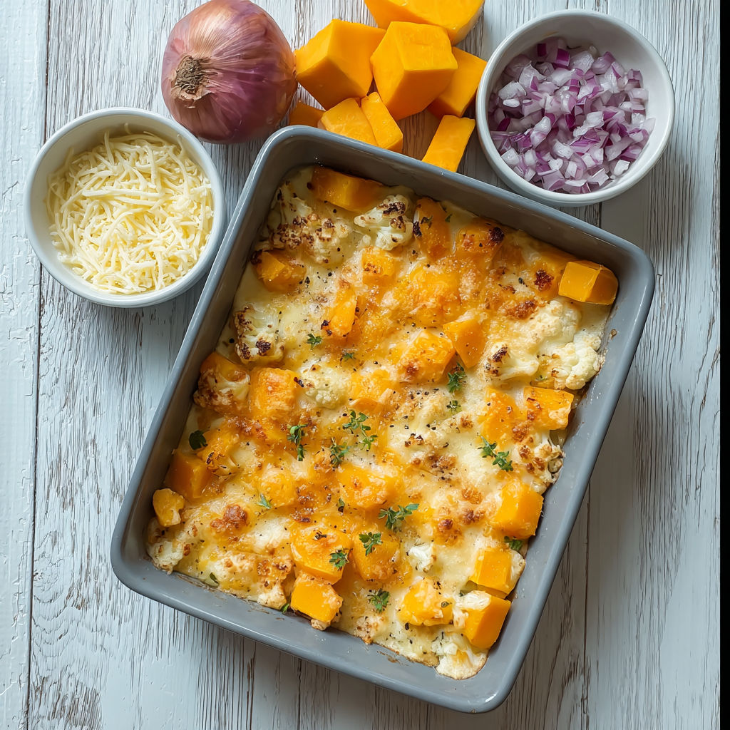 A dish of food with a bowl of cheese and a bowl of butternut squash.
