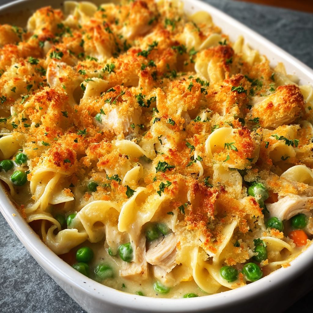 A casserole with chicken and noodles.