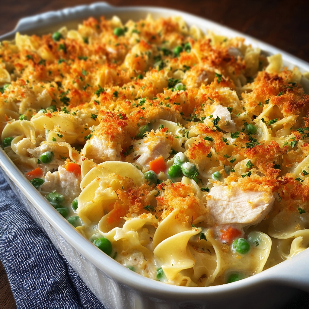 A dish of chicken noodle casserole.