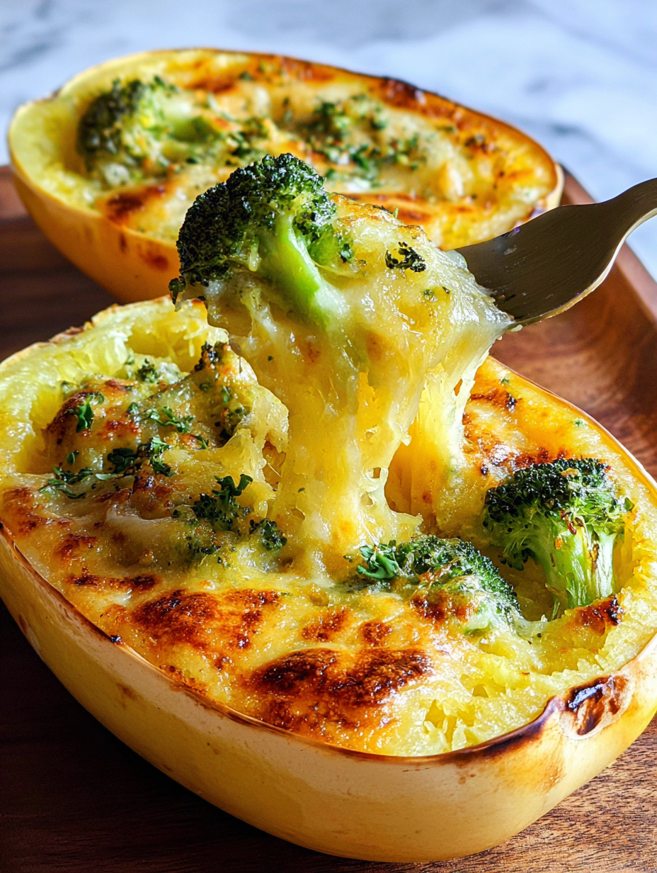 A slice of cheesy broccoli cheddar spaghetti squash.