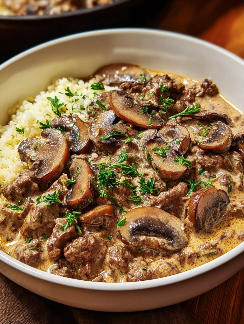 A bowl of beef stroganoff with mushrooms and rice.