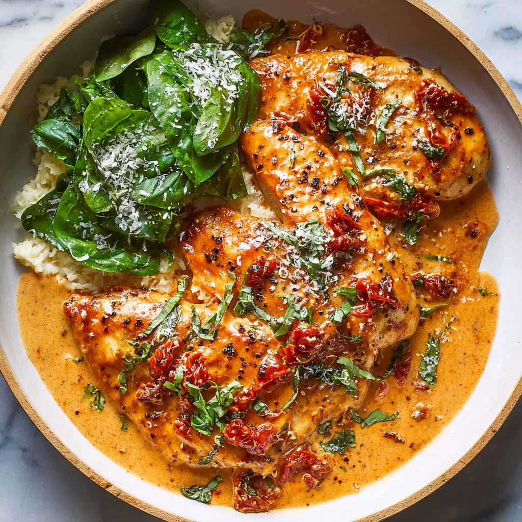 A plate of chicken with sauce and greens.