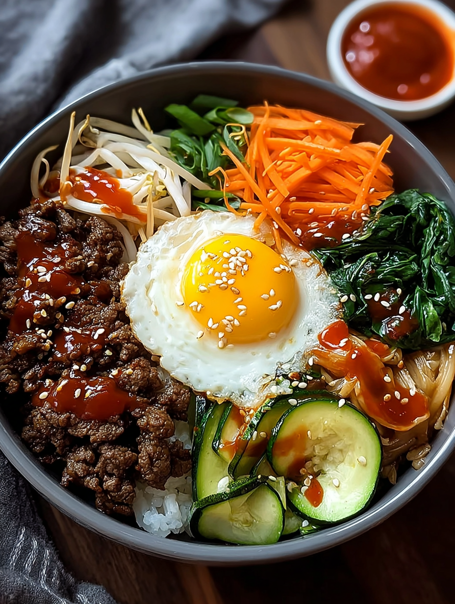 A bowl of Korean beef bibimbap.