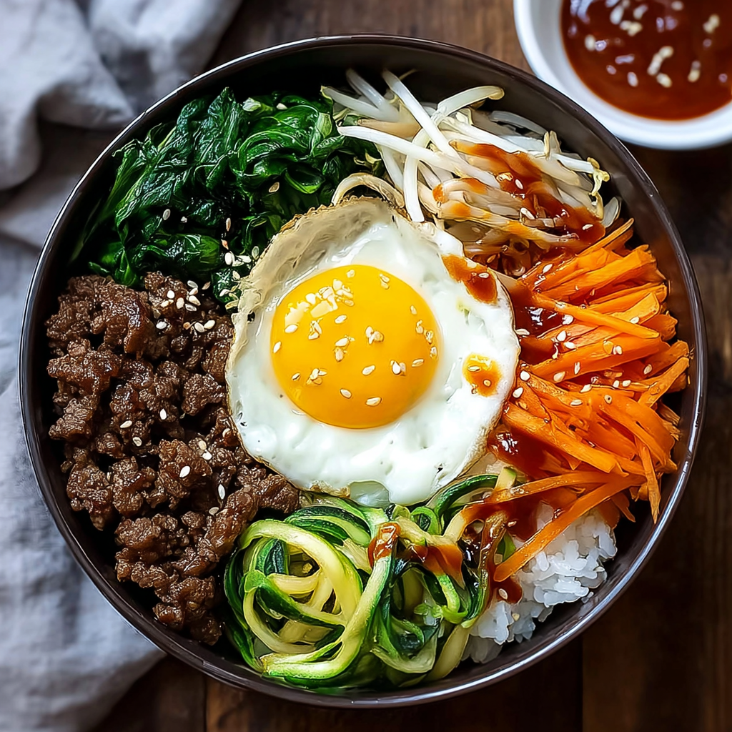 A bowl of Korean beef bibimbap.