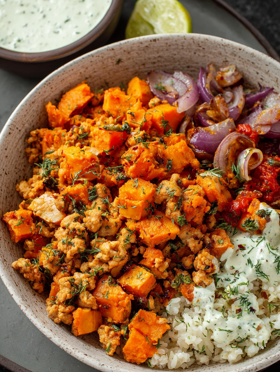 A bowl of ground turkey and sweet potatoes.
