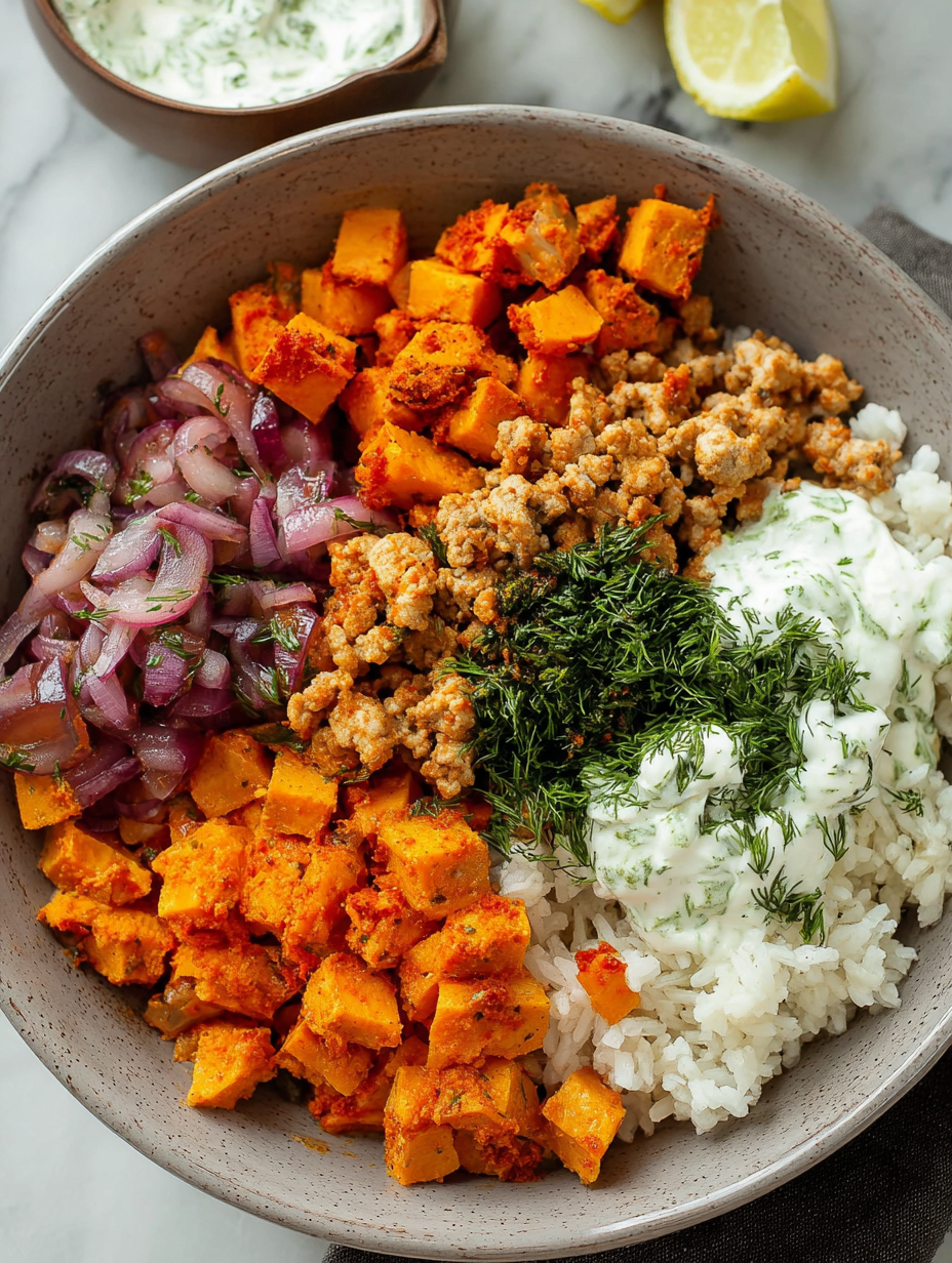 A bowl of ground turkey and sweet potatoes.
