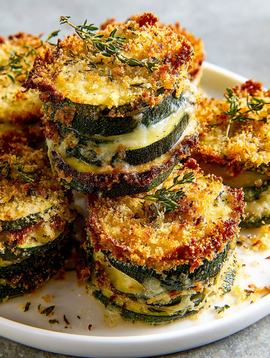 Crispy zucchini stacks on a plate.