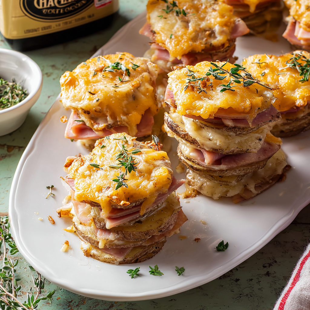 A plate of cheesy scalloped potato and ham stacks.