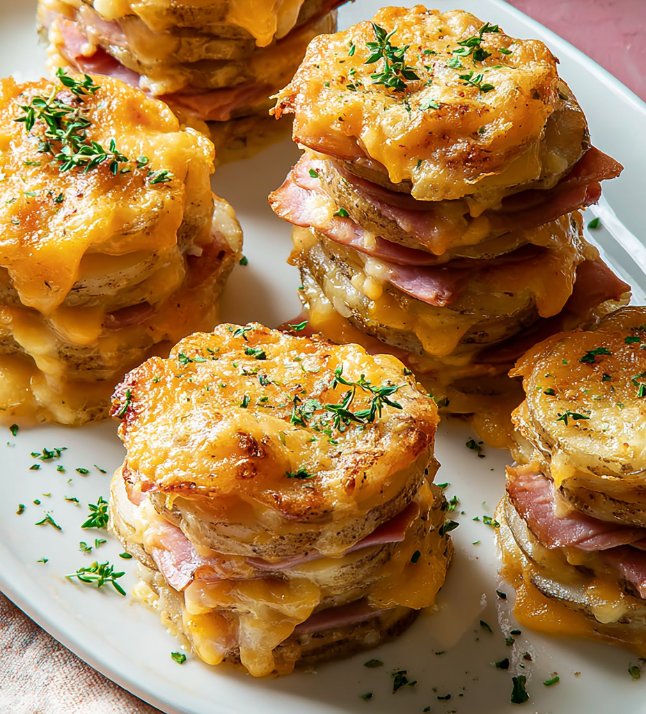 A stack of cheesy scalloped potatoes and ham.