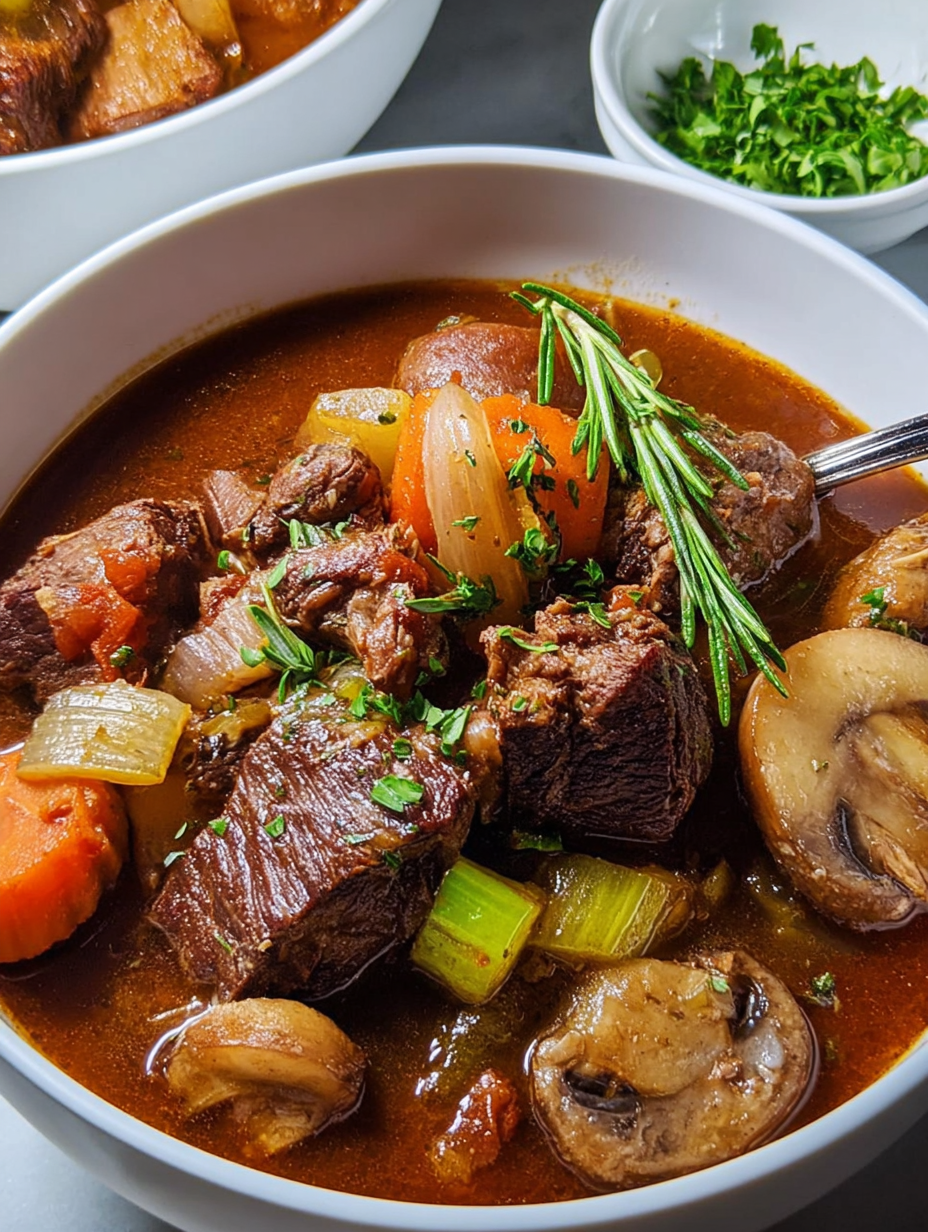 A bowl of beef stew with mushrooms and carrots.