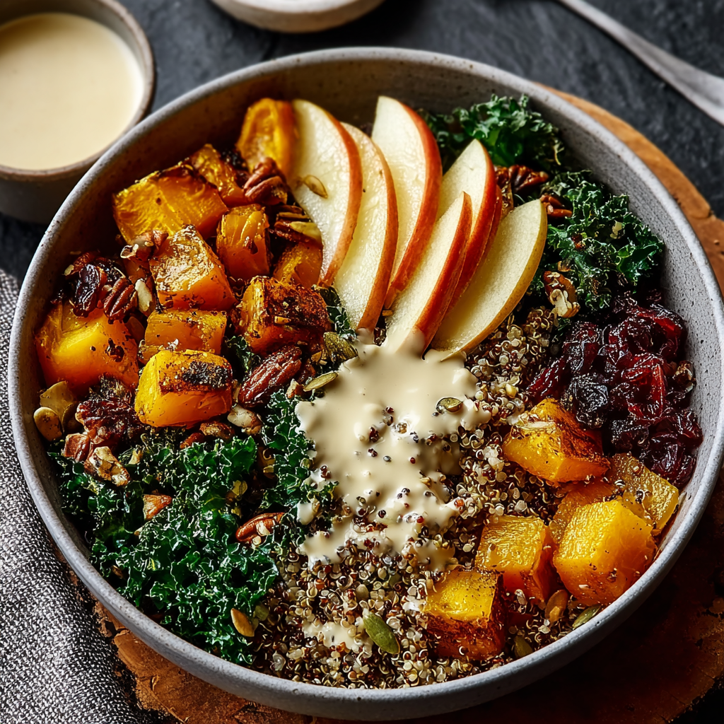 A bowl of food with a variety of ingredients including apples, spinach, and quinoa.