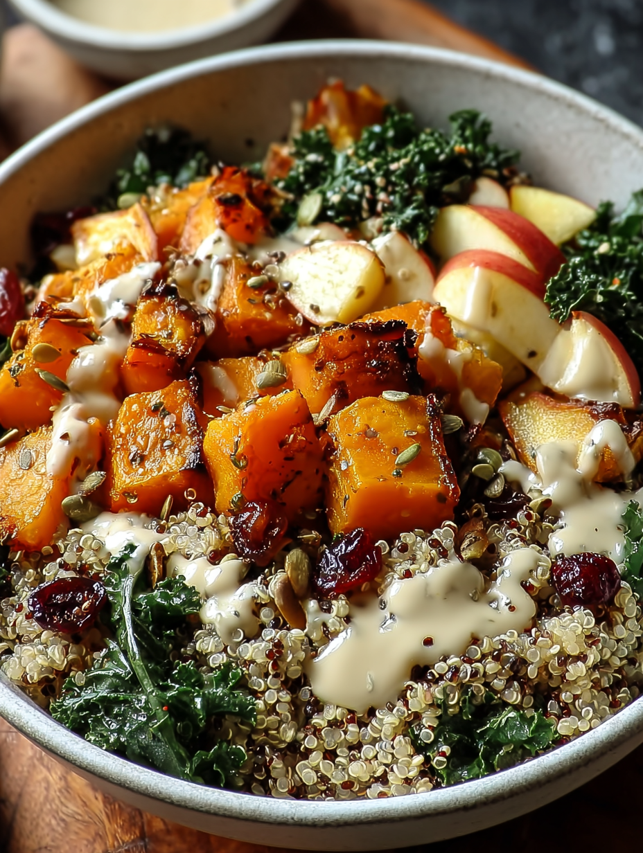 A bowl of food with a variety of ingredients including squash, apples, and kale.