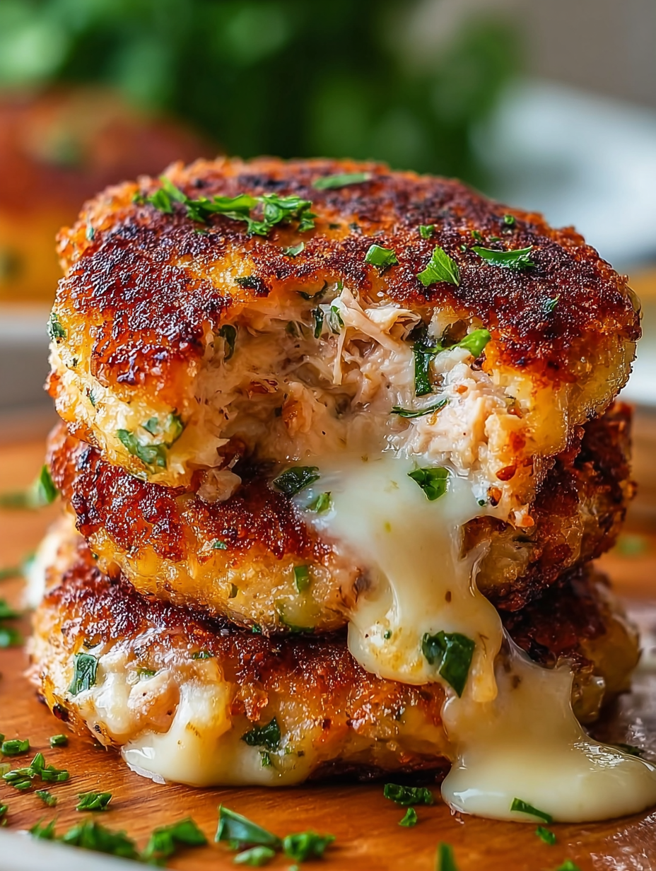 A stack of tuna melt patties with cheese dripping out.