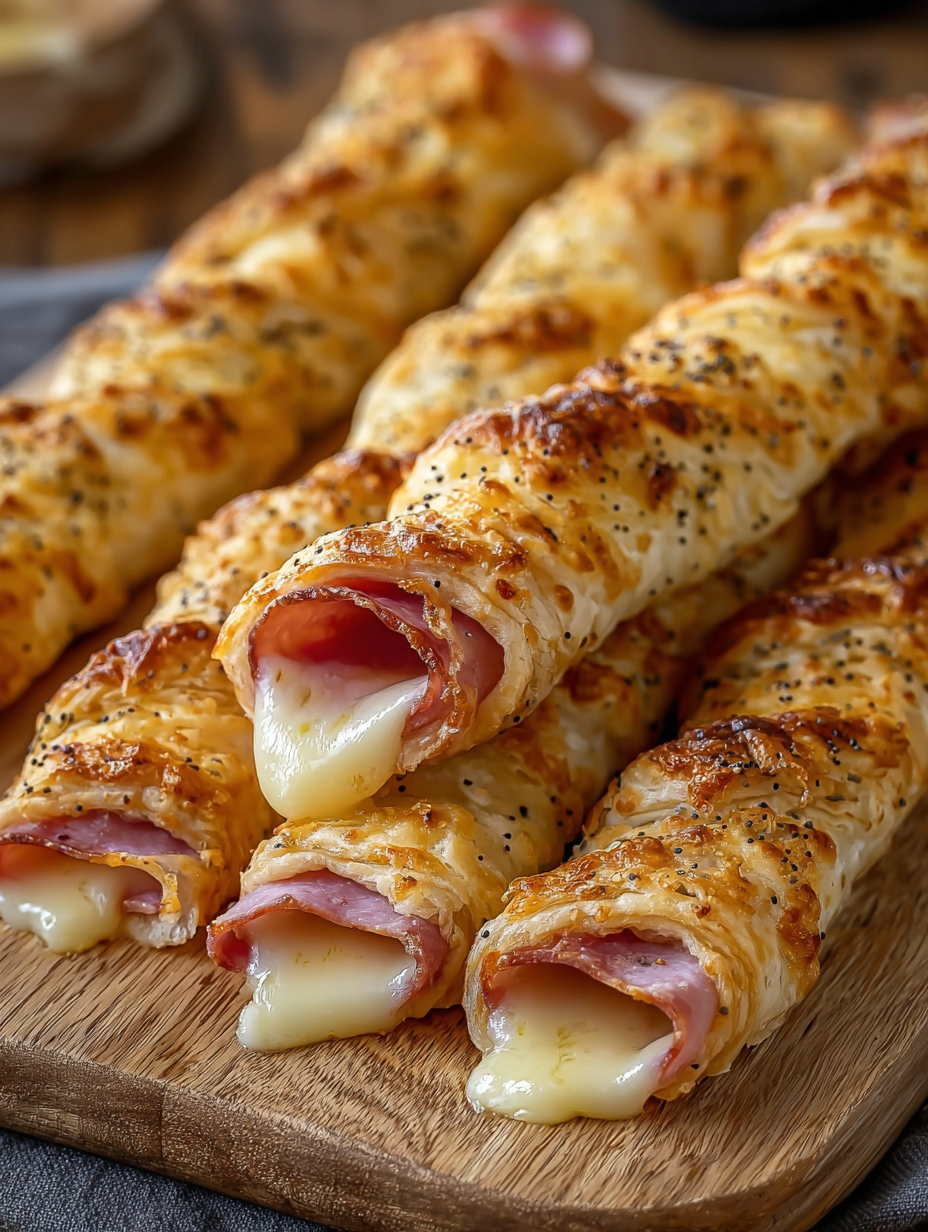 A plate of cheesy ham and cheese sticks.