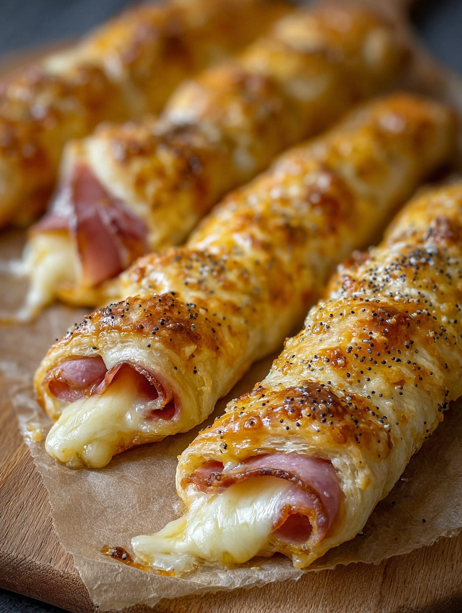 A close up of cheesy ham and cheese sticks.