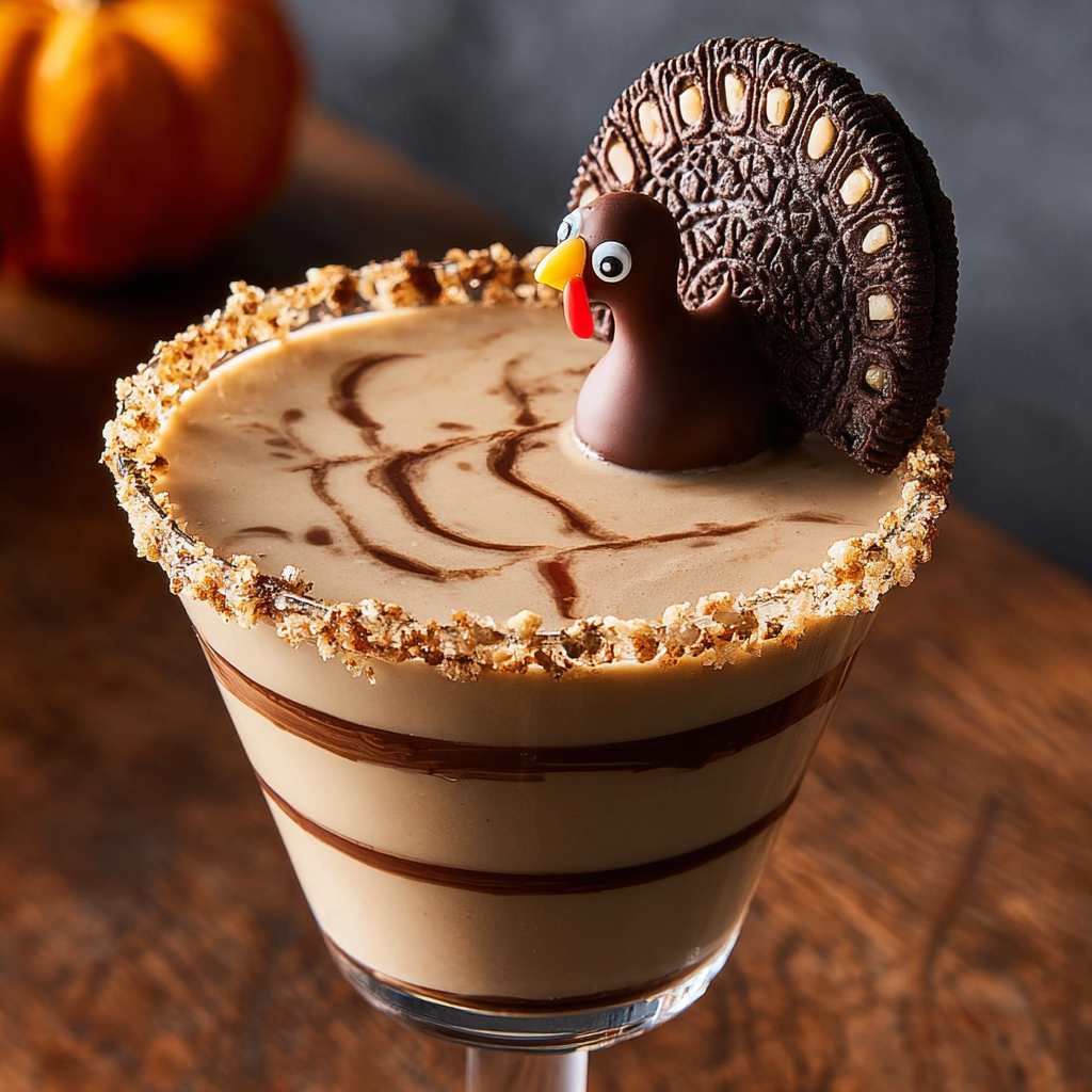 A Turkeytini with a chocolate drizzle and a cookie turkey on top.